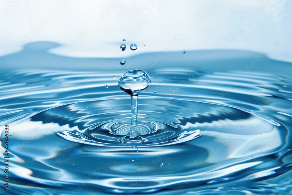Poster tranquil and serene water drop creating pristine ripples in clear blue liquid. reflecting the symmet