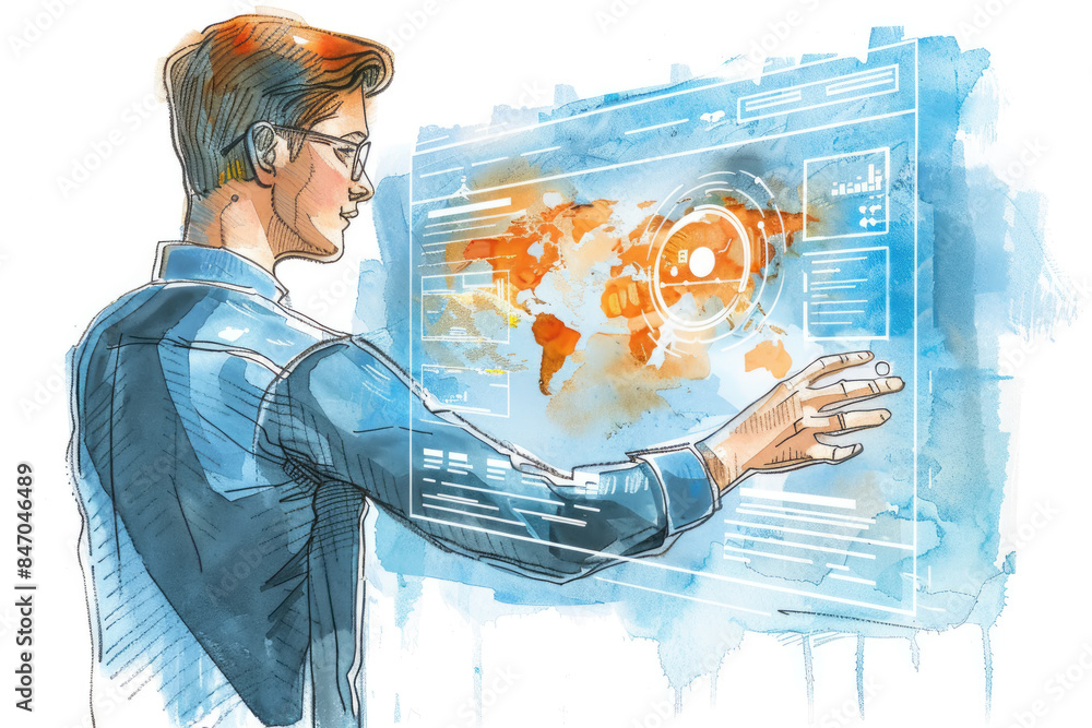 Poster a watercolor illustration depicting a man interacting with a digital interface, which displays a wor