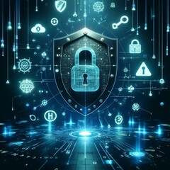 # Title
Cybersecurity Concept with Digital Lock Shield and Network Security Icons, Data Protection Technology

