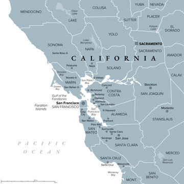 San Francisco Bay Area, region of the U.S. state California, gray political map with counties and largest cities. Area that surrounds and include the San Francisco Bay, which is a large tidal estuary.