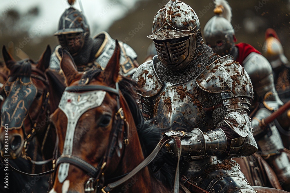 Poster this image presents a detailed and realistic depiction of knights in armor mounted on horses, showca