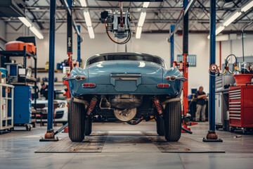 Fototapeta premium Mechanic Inspecting Car Undercarriage on Hydraulic Lift in Auto Service Center for Maintenance