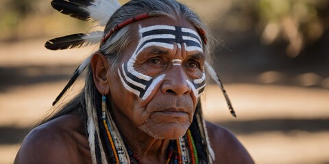 A close-up showing the intricate beadwork and feathers of an indigenous person's traditional outfit, focusing on cultural attire