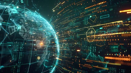 A holographic globe surrounded by data streams and digital shields, symbolizing global cyber security operations.