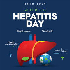 World Hepatitis day. 28th July World Hepatitis day awareness banner with liver, earth globe, arrows with text create awareness, save liver. The theme for 2024 is Hepatitis Can't Wait, get tested. 