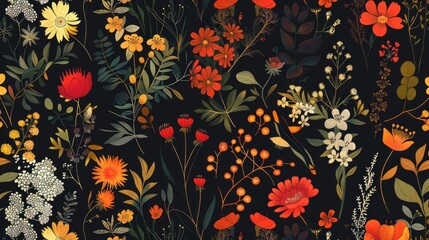 Pattern with plants herbs and flowers seamlessly intertwined