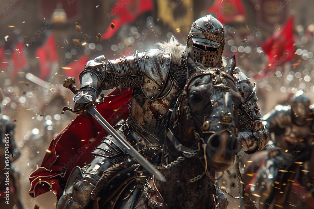 Poster this image presents a detailed and realistic depiction of knights in armor mounted on horses, showca