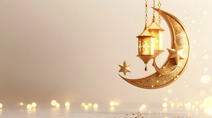 Golden crescent moon with a lantern on a clean background, symbolizing Ramadan and Islamic Day celebrations. 