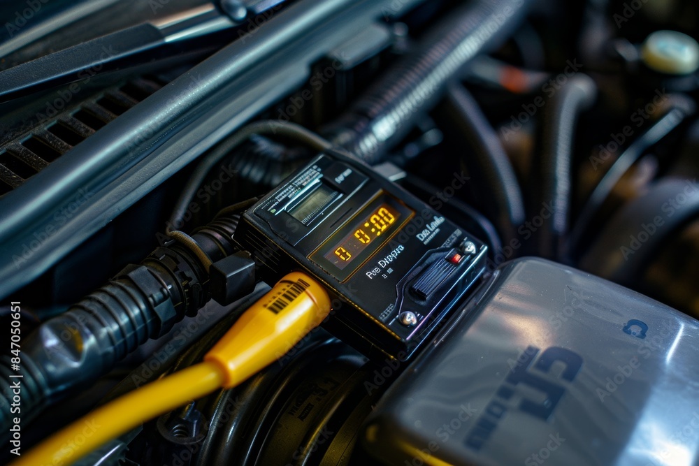 Poster real-time car diagnostic tool connected to obd ii port for vehicle maintenance and data reading