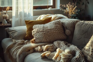 A comfortable couch surrounded by blankets and pillows in front of a window