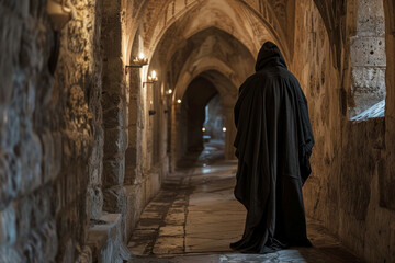 Naklejka premium Ghostly Monk in a Hooded Robe Walking Through Darkened Corridors of a Medieval Monastery