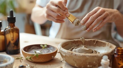 Spa Cosmetologist Creating Natural Clay Face Mask with Essential Oils in Professional Setting