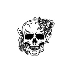 Skull with Roses Illustration in Black and White. Vector icon.