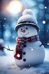 A snowman wearing a hat and scarf in the snowy landscape, perfect for winter-themed designs and projects