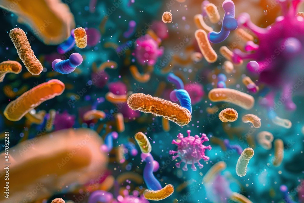 Poster abstract representation of microscopic bacteria floating in a vibrant environment