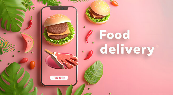 The concept of Modern food delivery mobile app kit template featuring a sleek user interface design, with floating vegetables and burgers on pink background. food, delivery, mobile, app, design