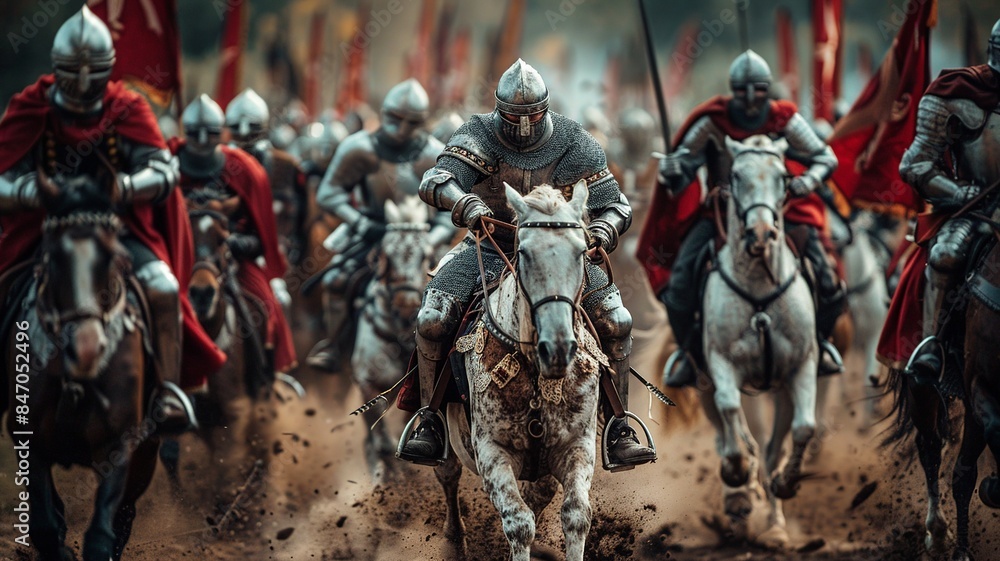 Poster this image presents a detailed and realistic depiction of knights in armor mounted on horses, showca