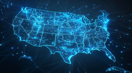 A dark earth map which highlights the city and human population density of America. A 3D illustration of the country.