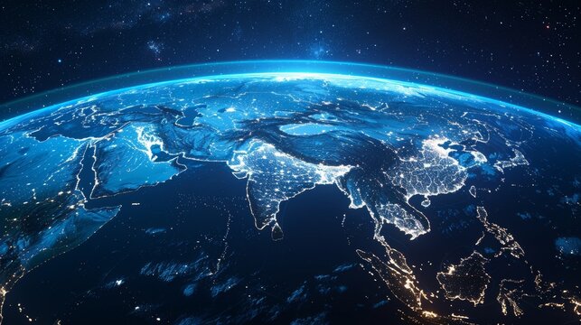 Glowing details of cities and human population density areas on a dark earth globe. 3D illustration.