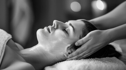 A woman relaxes at a spa while getting a facial mask treatment