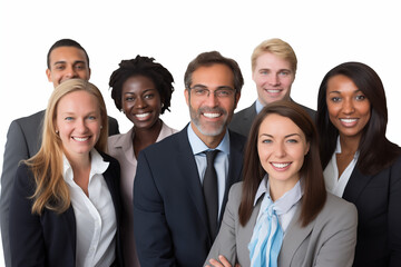 Interracial group of smiling businesswomen and  businessmen at work on white background. Women in suits at work. Men bosses. Political woman. Business world. Job recruitment. 