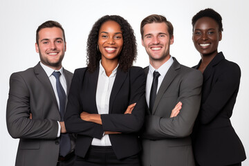 Interracial group of smiling businesswomen and  businessmen at work on white background. Women in suits at work. Men bosses. Political woman. Business world. Job recruitment. 