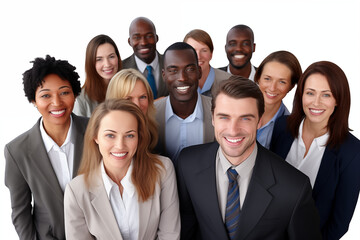 Interracial group of smiling businesswomen and  businessmen at work on white background. Women in suits at work. Men bosses. Political woman. Business world. Job recruitment. 