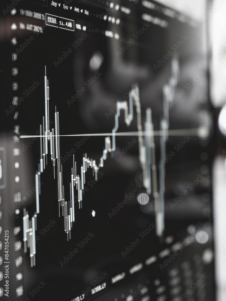 Poster a close-up view of a computer screen showing a stock chart, useful for financial reports or presenta