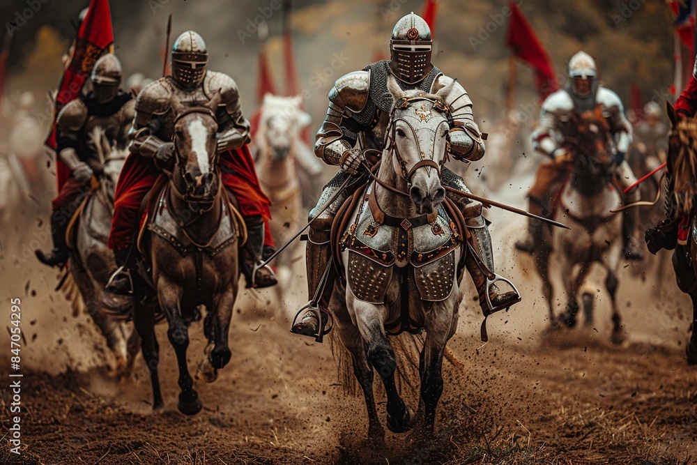 Poster this image presents a detailed and realistic depiction of knights in armor mounted on horses, showca