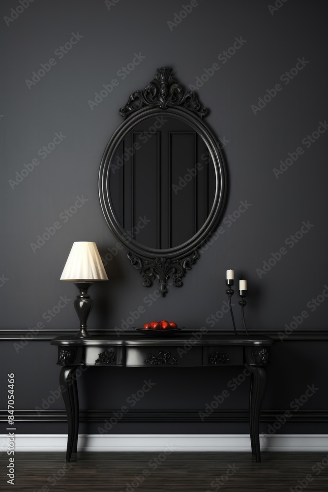 Poster a table with a lamp and mirror placed on it, ideal for use in interior design or decoration projects