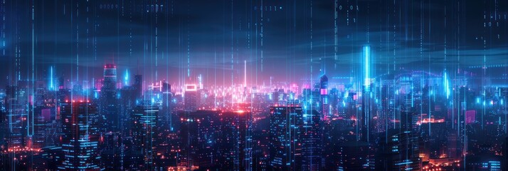 Obraz premium Neon Cityscape with Digital Rain