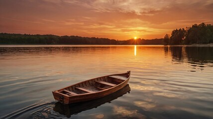 A lone wood boat glides on a calm lake at dusk, reflecting the fiery orange hues of a setting sun