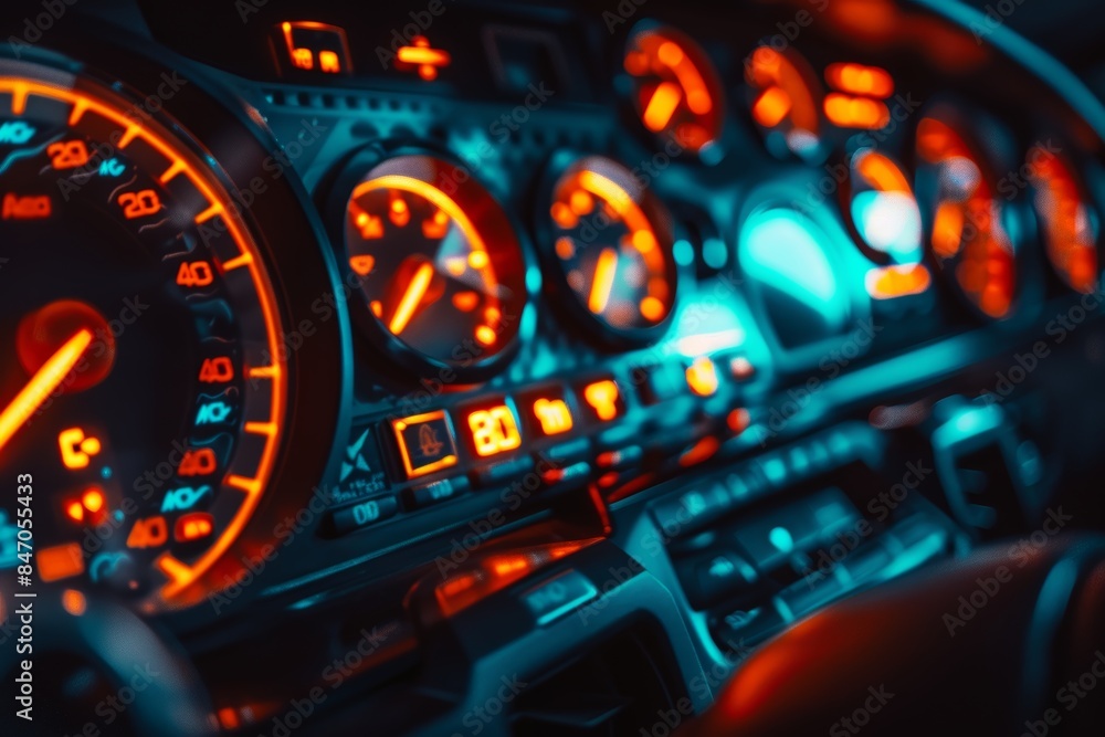 Aufkleber detailed car dashboard with multiple warning lights illuminated, indicating diagnostics need