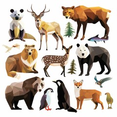 Fototapeta premium Polygonal animal illustrations featuring diverse wildlife including bears, deer, foxes, pandas, penguins, and birds.