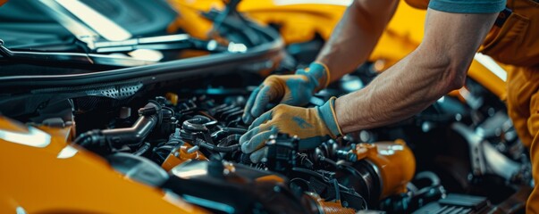 Car mechanic is working on broken engine in luxury car, car service banner. Generative Ai.