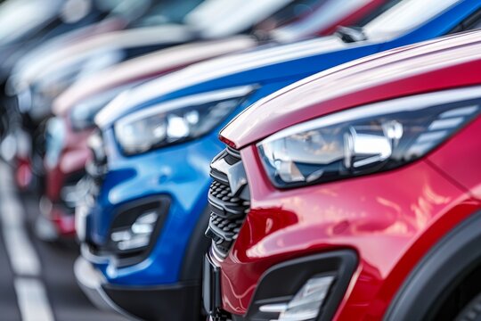 Detailed View of Diverse Car Rental Fleet with Varied Vehicle Colors and Models for Rent