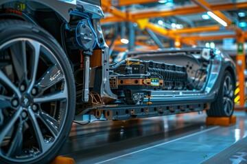 Detailed View of Electric Car Undercarriage Featuring Battery and Powertrain Components