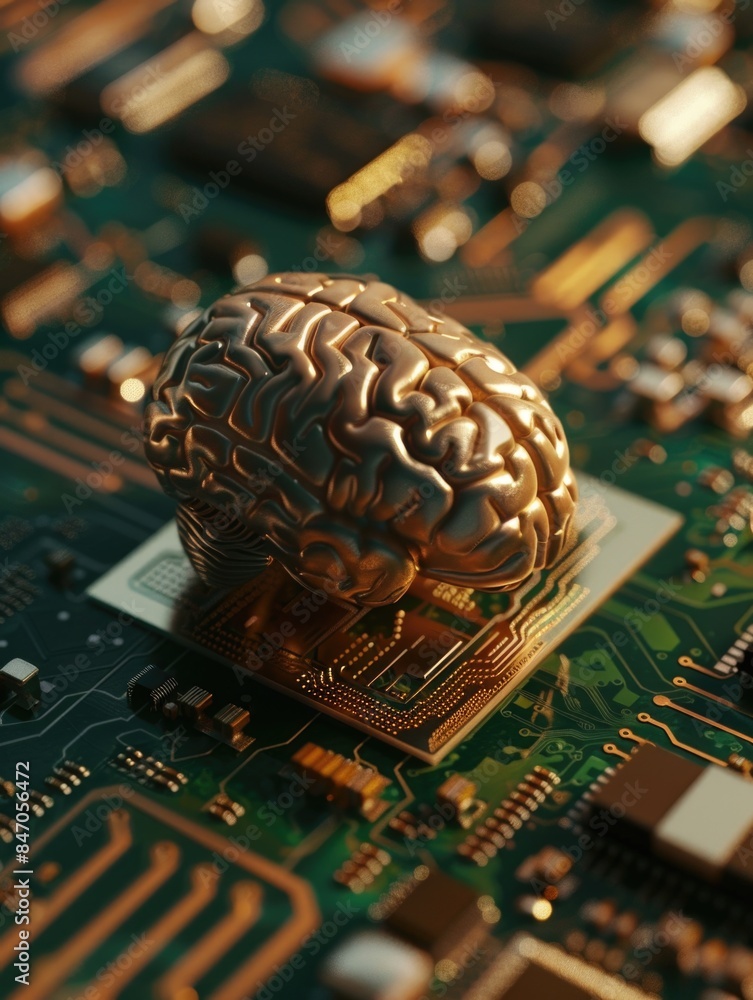 Aufkleber a close-up view of a computer motherboard featuring a brain component, suitable for tech-related ill