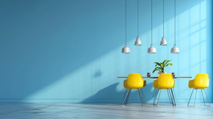A modern dining room with a table and four yellow chairs