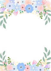 blue, purple and pink color flower garden frame background. Vector illustration with blank.