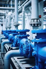 A room filled with blue pipes and valves