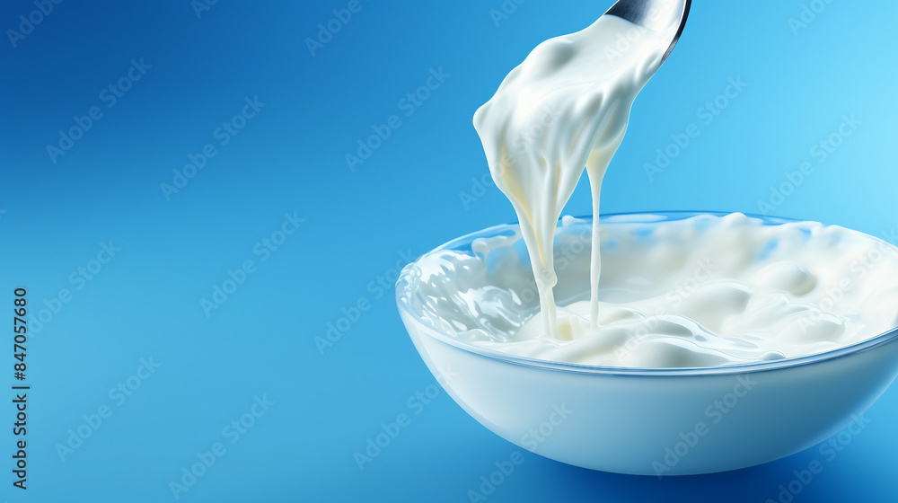 Wall mural Fresh Milk Cream Pouring with Splash on Vibrant Blue Background - 3D Rendered Stock Illustration - Wall murals