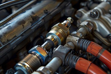 Engine Maintenance: Close-Up of Spark Plug Inspection and Replacement in a Car Engine