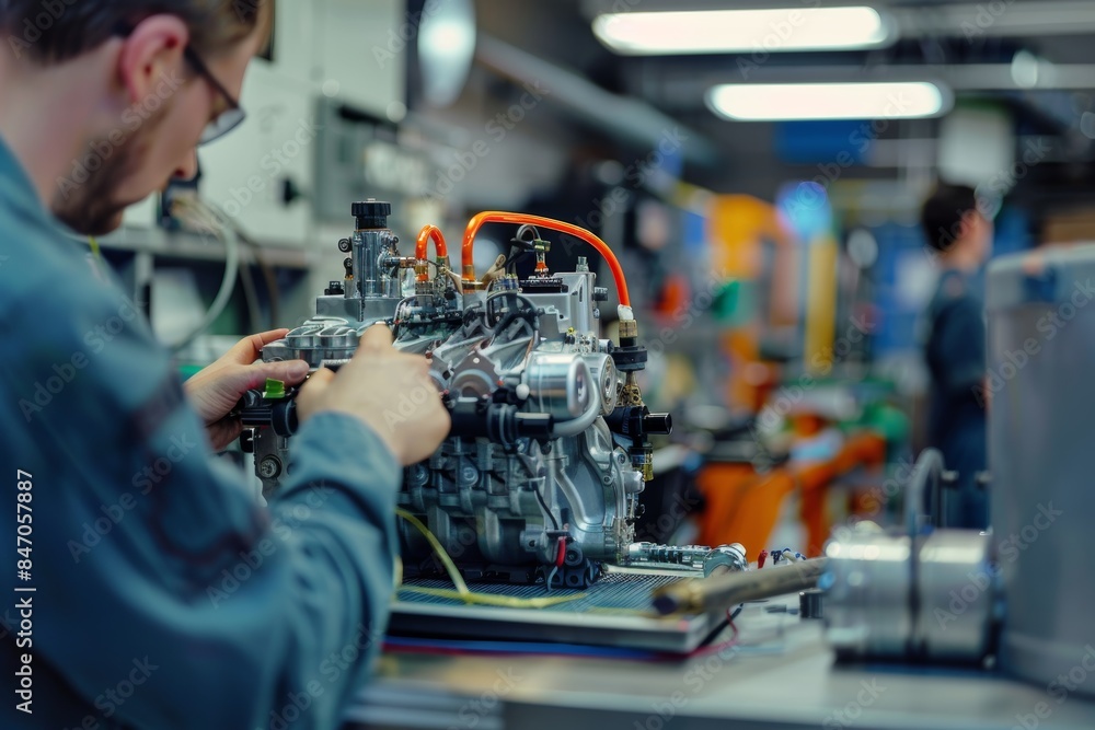 Poster mechanic explaining engine repair details using detailed engine model for demonstration in workshop