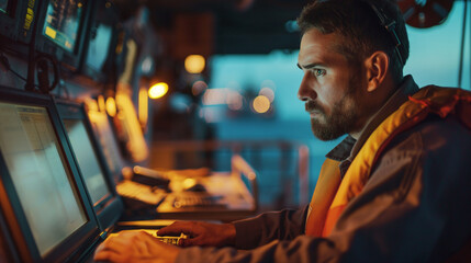 A modern seaman using laptop on a ship.