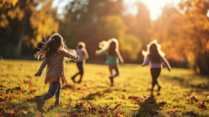 A group of kids playing and running together in a green open field, suitable for use as an illustration or to depict childhood joy - Powered by Adobe