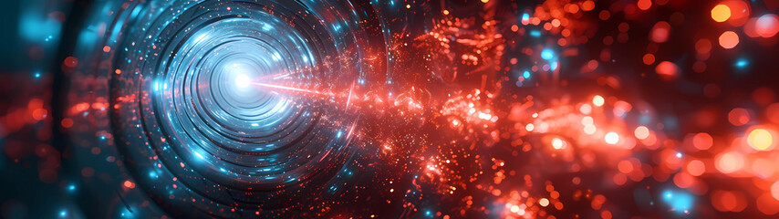 Obraz premium This abstract futuristic background features a mesmerizing glowing spiral tunnel, symbolizing the concept of time travel, with dynamic light beams cutting through rich dark red and blue tones
