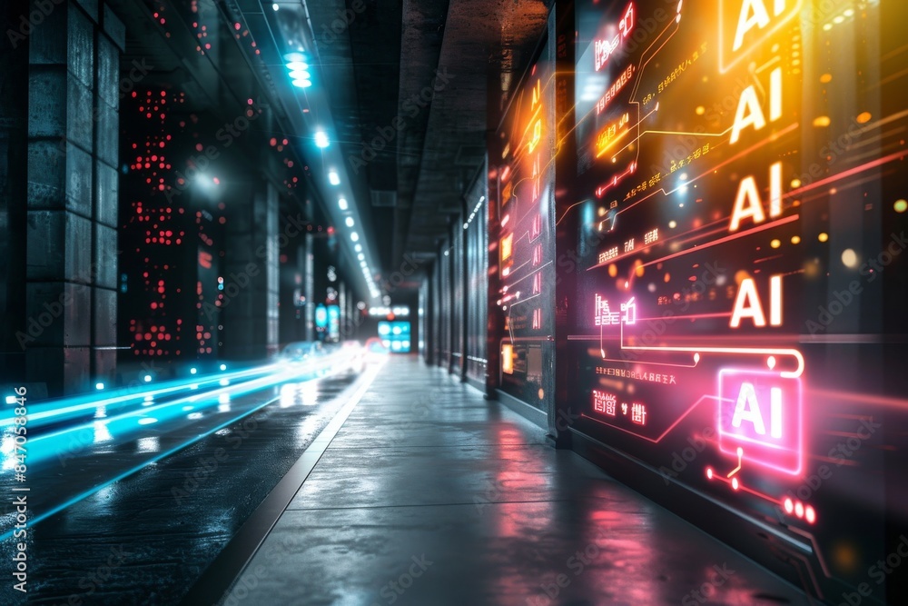 Aufkleber futuristic tunnel with ai neon lights, representing the integration of artificial intelligence in di