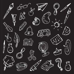 Pretty and cool black and white hand-drawn back-to-school icons and graffiti 