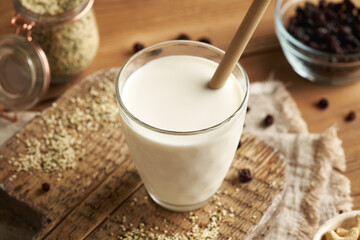 Vegan hemp seed milk in a glass bottle with a reusable bamboo straw